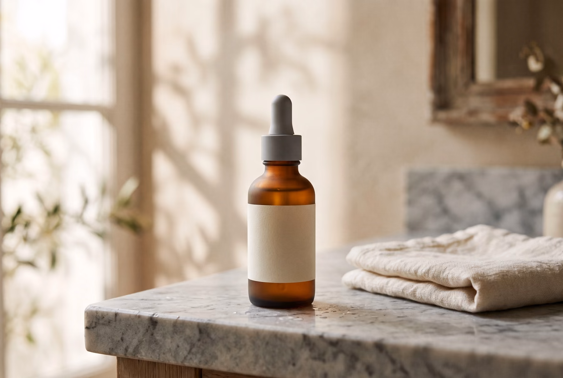 The serum bottle on a marble bathroom vanity beside a folded linen towel in soft morning light.