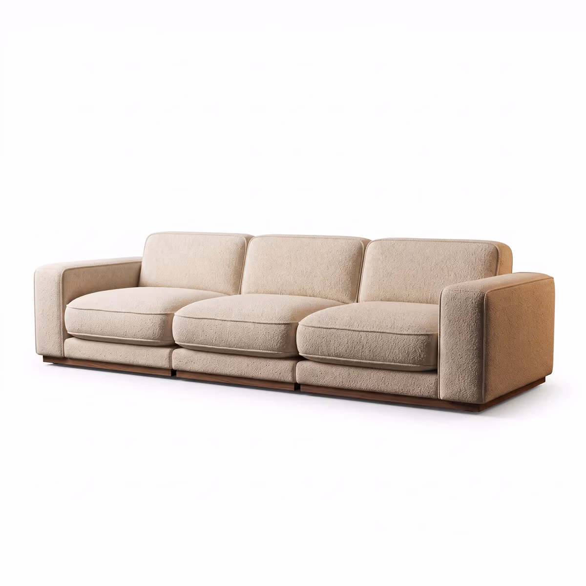 The same oatmeal boucle sofa on a plain white background, shown at a slight angle for a retail listing.