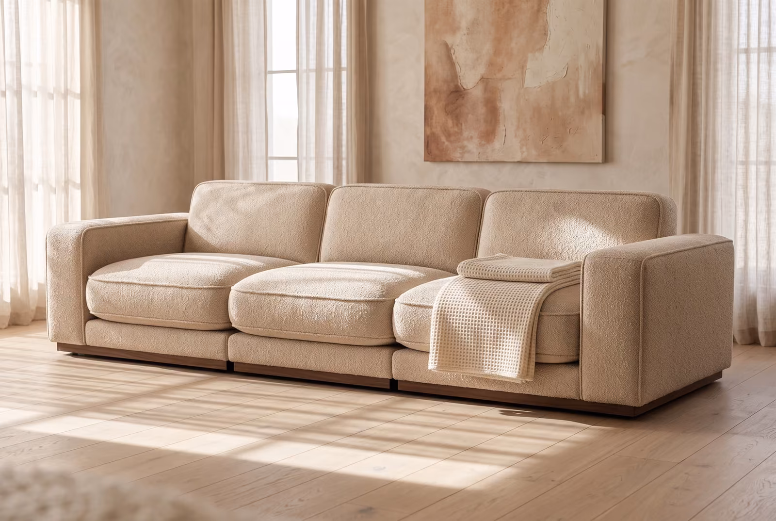 The sofa from a low angle in a sunlit open-plan room, a cream throw folded over one seat and soft window shadows on a pale oak floor.