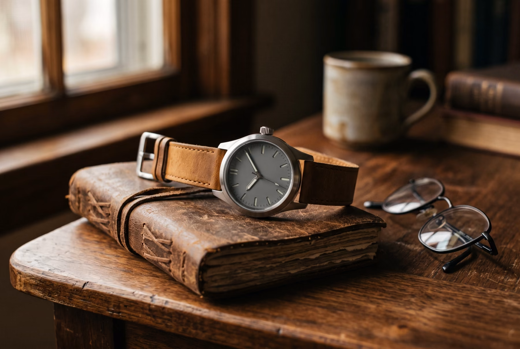 The watch resting on a worn leather journal beside folded glasses on a walnut desk in low warm light.