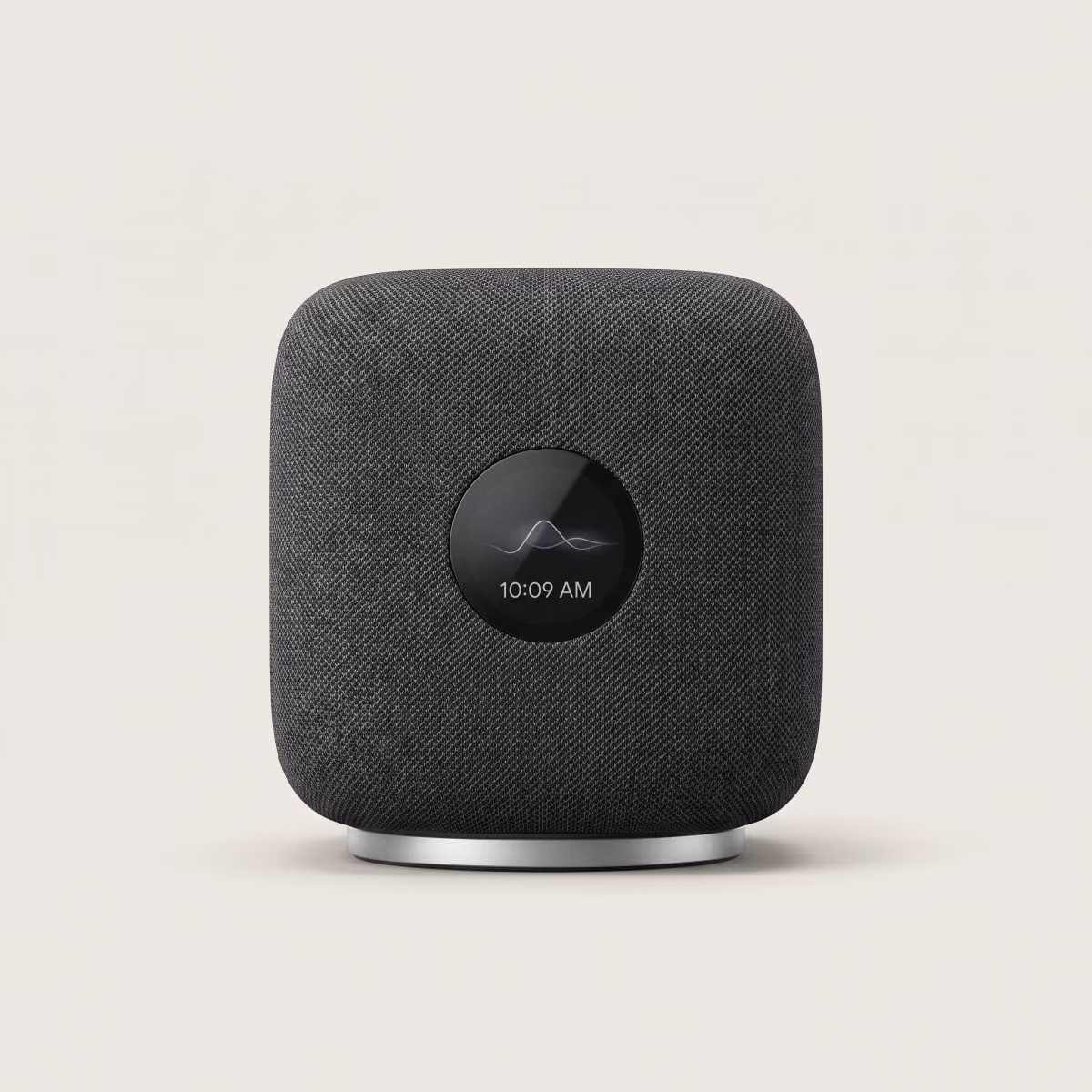 The smart speaker photographed straight on against a plain light grey background for a product listing.