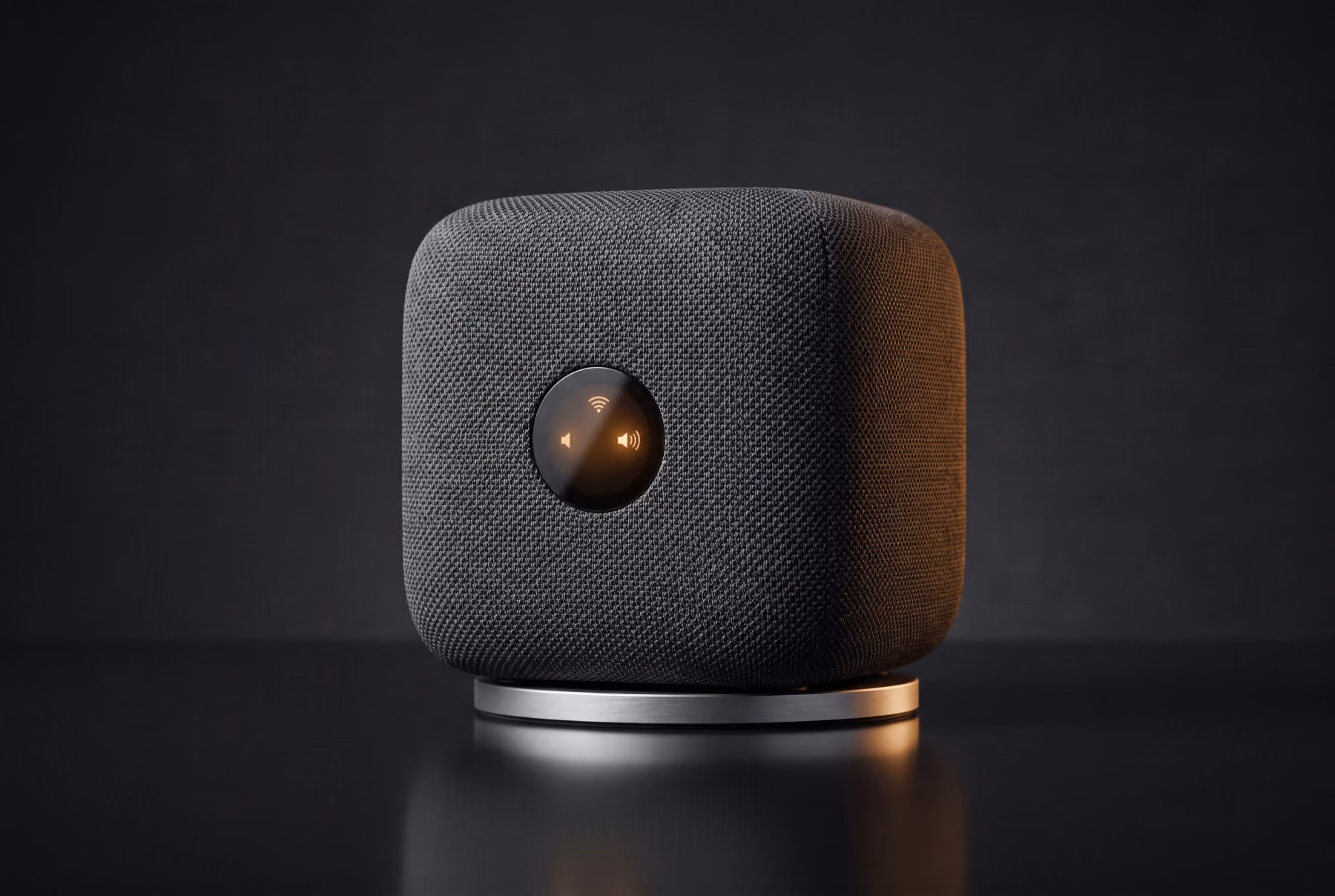 Finished photorealistic render of a charcoal fabric smart speaker lit with a warm amber rim light.