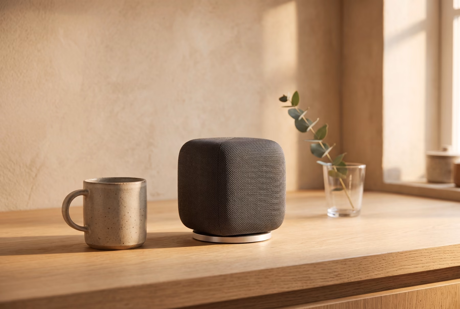 The smart speaker on a pale oak kitchen counter beside a stoneware mug, lit by late afternoon window light.