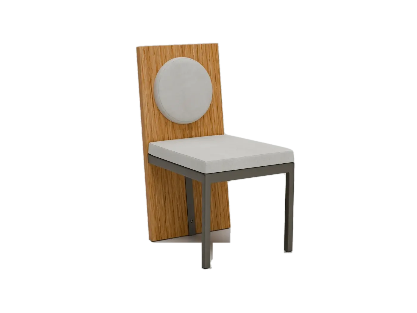 Chair finish study with natural oak, ivory upholstery and graphite metal.