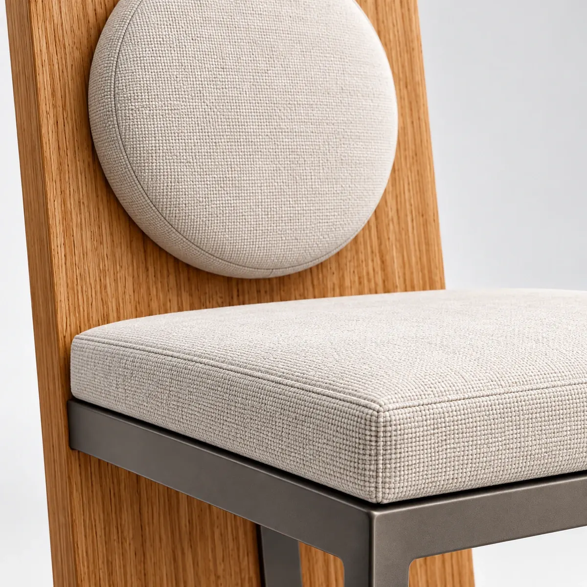 Close product view of the ivory upholstered circular back cushion and seat against the oak back panel and graphite frame.
