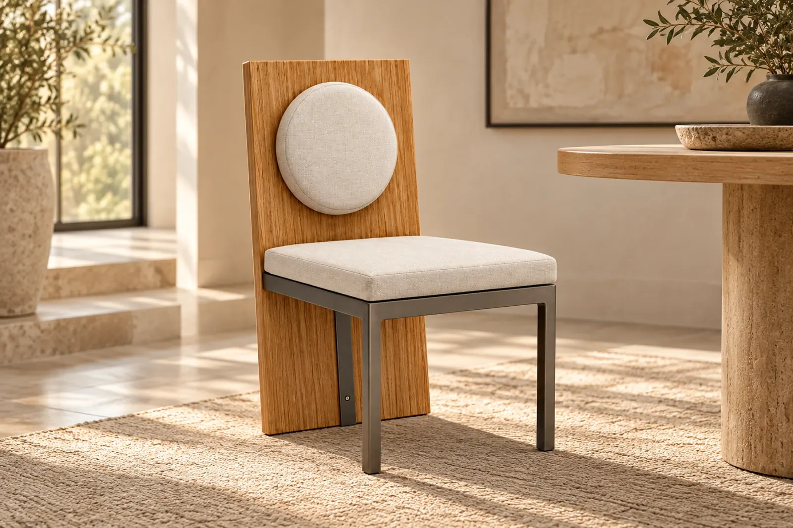 Modern oak and ivory dining chair in a warm sunlit dining interior with natural stone and wood furnishings.