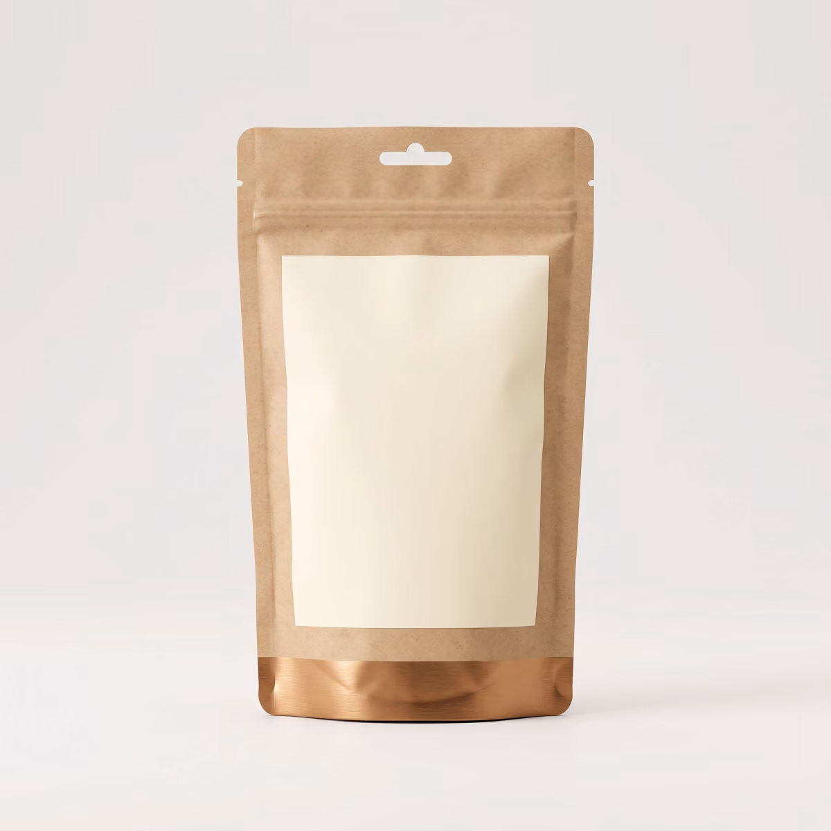 The kraft coffee pouch photographed straight on against a plain light grey background for a product listing.