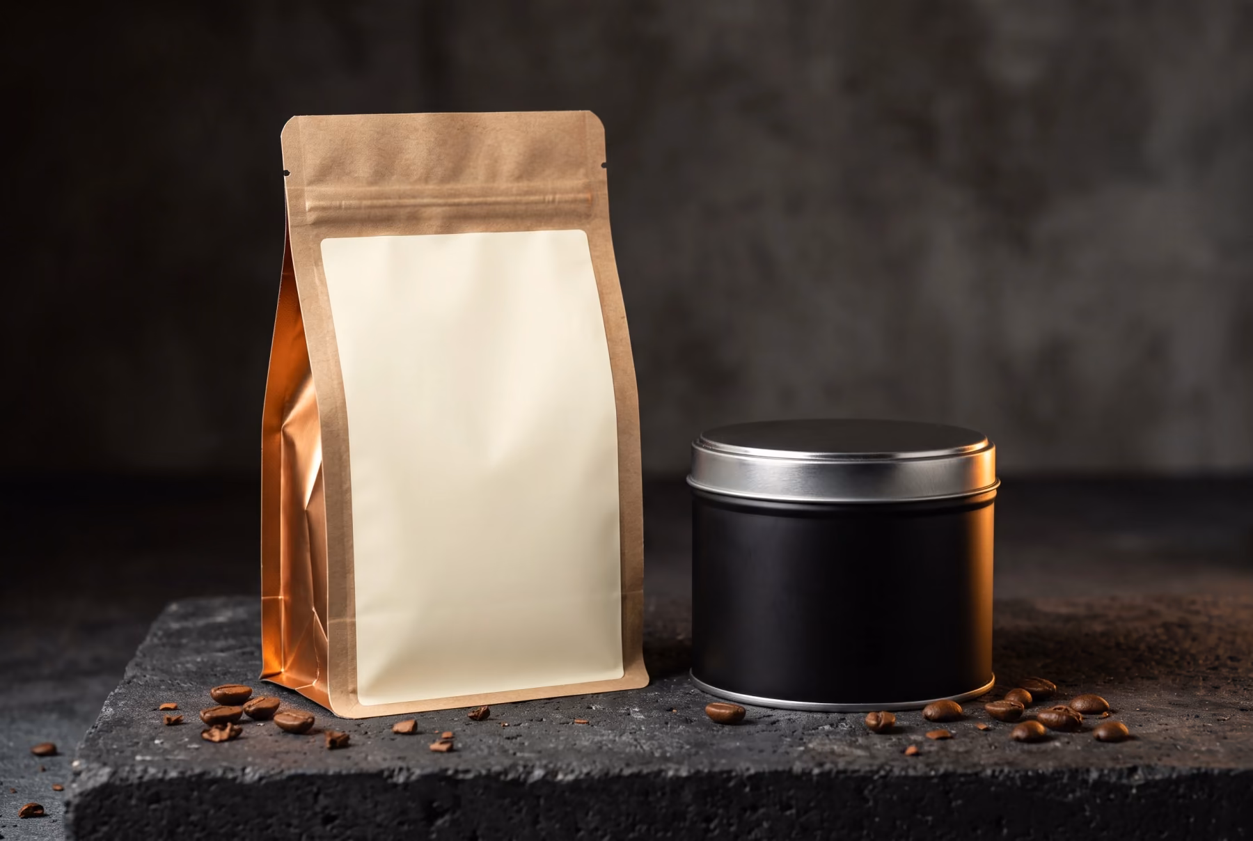 A kraft paper coffee pouch and a matte black steel tin on dark concrete with scattered coffee beans.