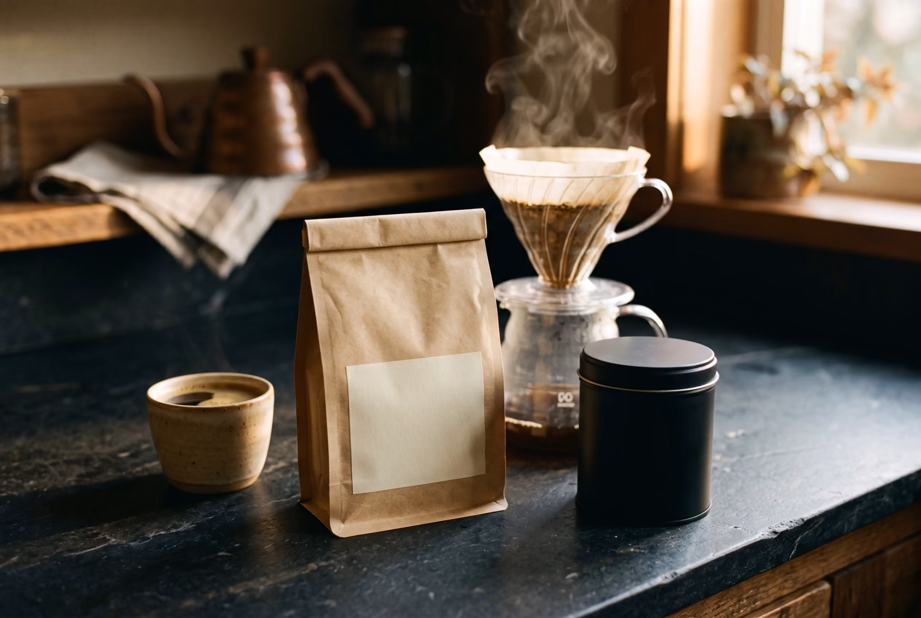 The coffee pouch and tin on a dark kitchen counter beside a pour-over dripper, with steam rising in warm morning light.