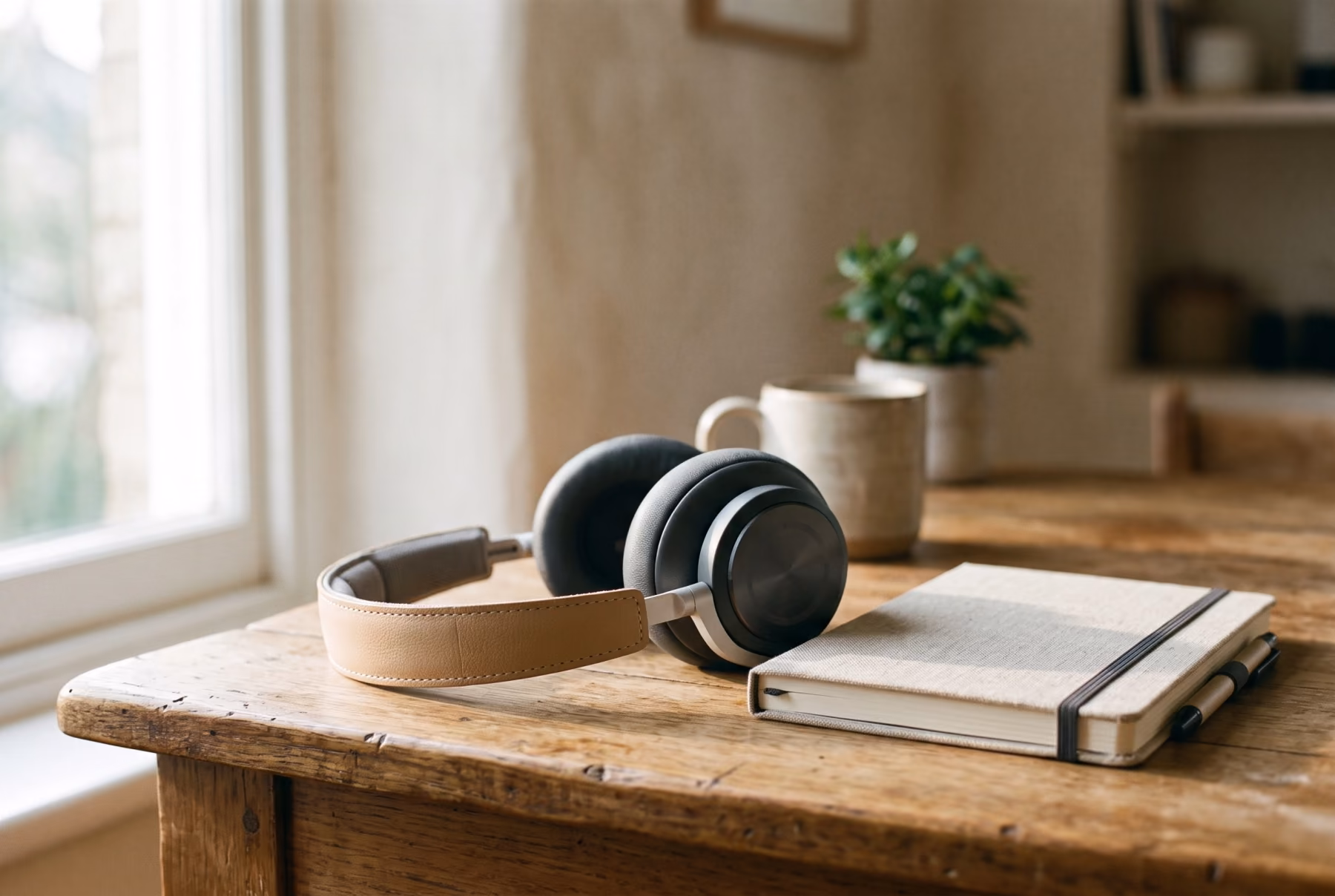 The headphones resting on a warm oak desk beside a notebook, lit by soft morning light from a window.