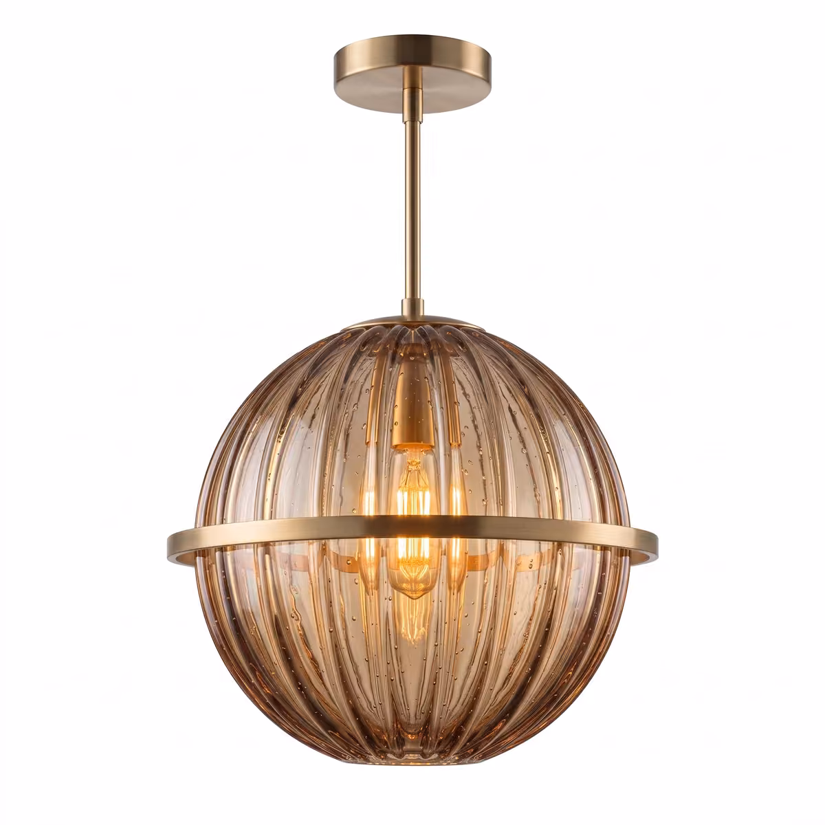 The same pendant hanging against a plain white background, lit, with its brass rod and ceiling canopy visible.