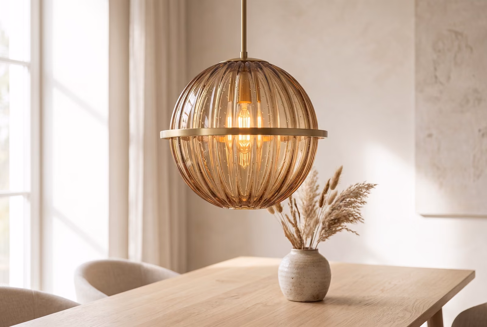 A hand-blown smoked amber glass pendant with a brushed brass ring, glowing above a pale oak dining table in a bright room.