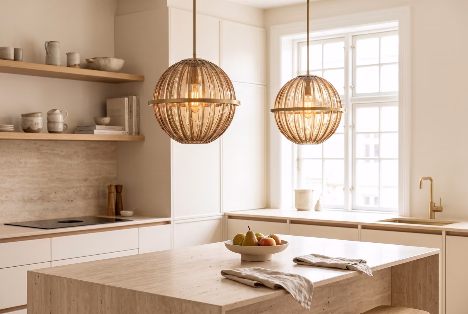 A pair of the amber glass pendants glowing above a travertine kitchen island in a bright, warm-white kitchen.