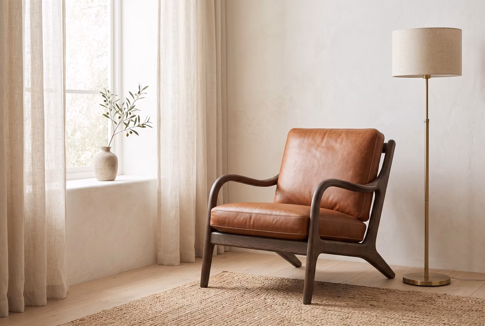 A lounge chair with a smoked oak frame and cognac leather cushions, in a bright reading corner beside a tall window with linen curtains and a brass floor lamp.