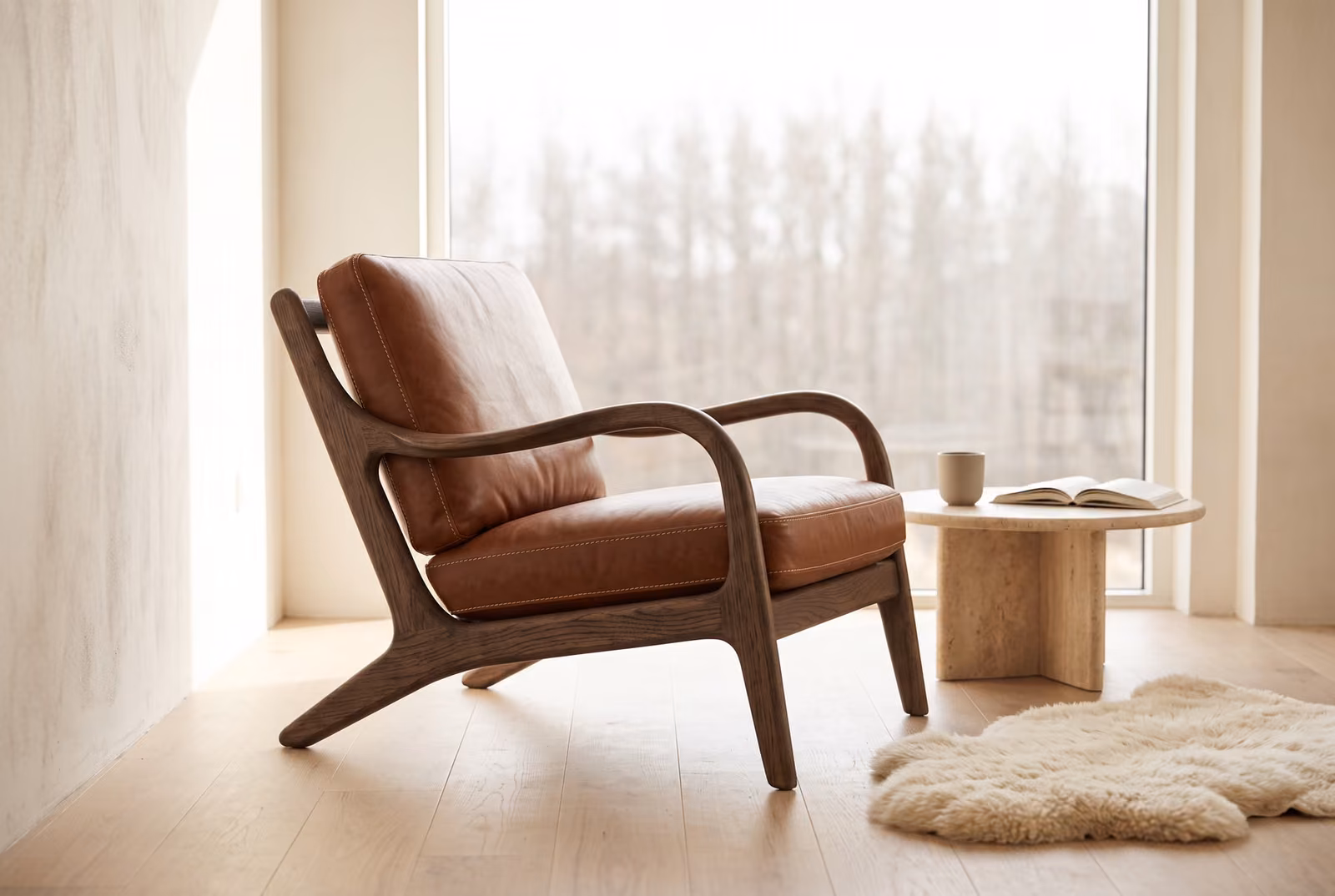 The chair seen from the side in a light-filled living room beside a round travertine side table and a cream sheepskin.
