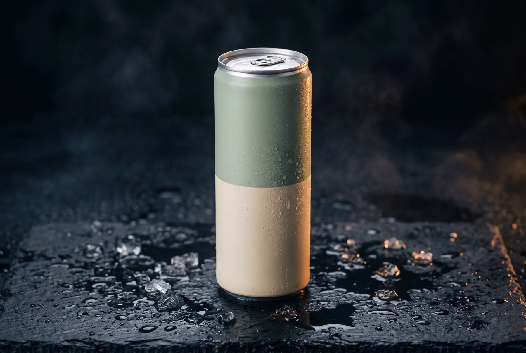A slim matte sage-green and cream beverage can on a wet dark stone surface with scattered ice and mist.