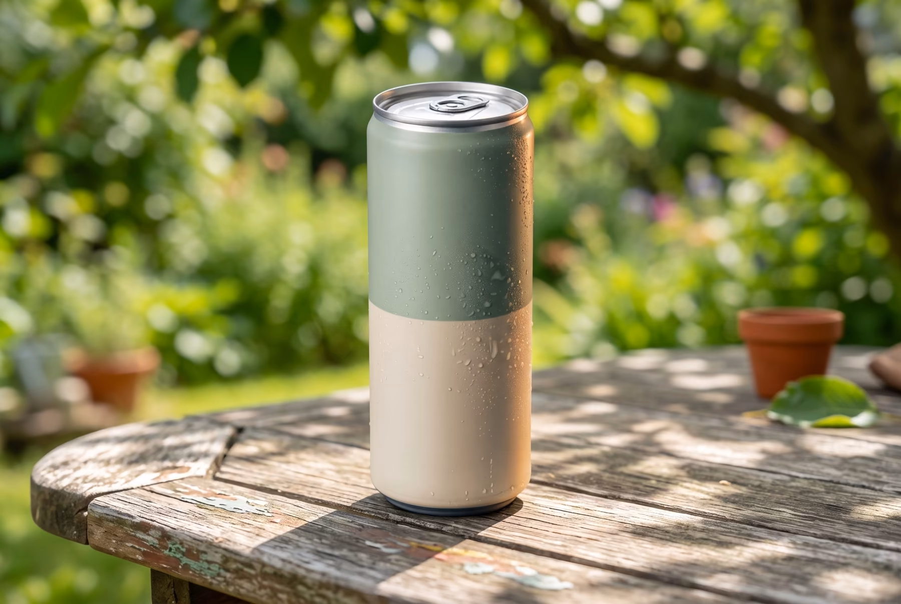 The chilled beverage can on a weathered garden table in dappled summer sunlight with a blurred green background.