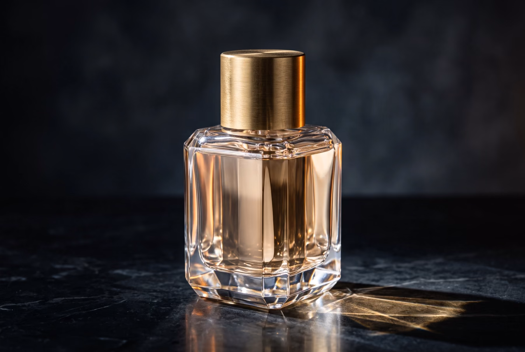 A faceted glass fragrance bottle with a brushed brass cap on a dark polished surface, throwing sharp light refractions.
