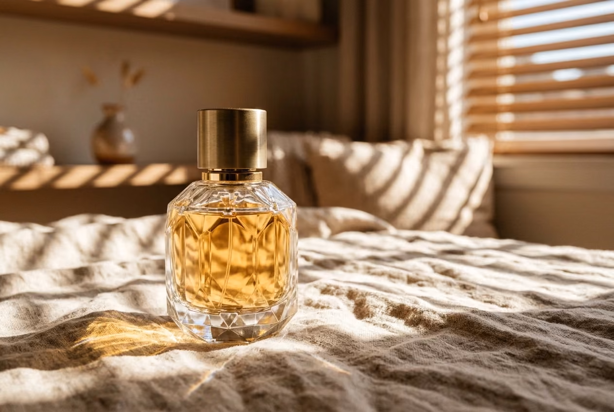The fragrance bottle on rumpled linen with hard diagonal sunlight through window blinds falling across it.