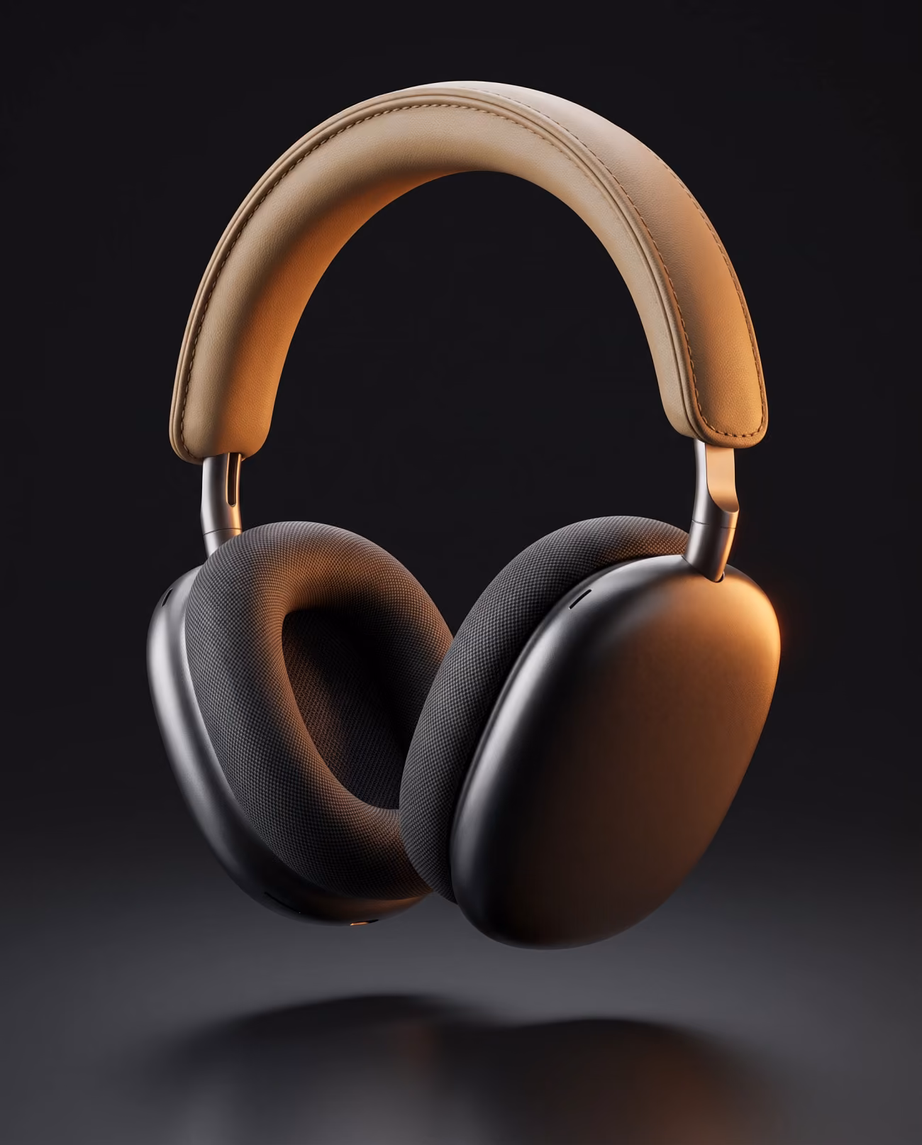 Photorealistic render of matte charcoal over-ear headphones lit by a warm amber rim light in a dark studio.